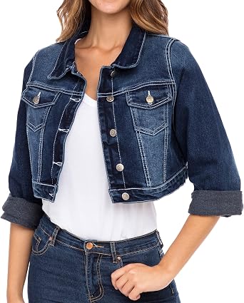 Skylinewears Womens Long Sleeve Jean Jacket Short Cropped Denim with Pockets Trendy Ideal for Every Occasion