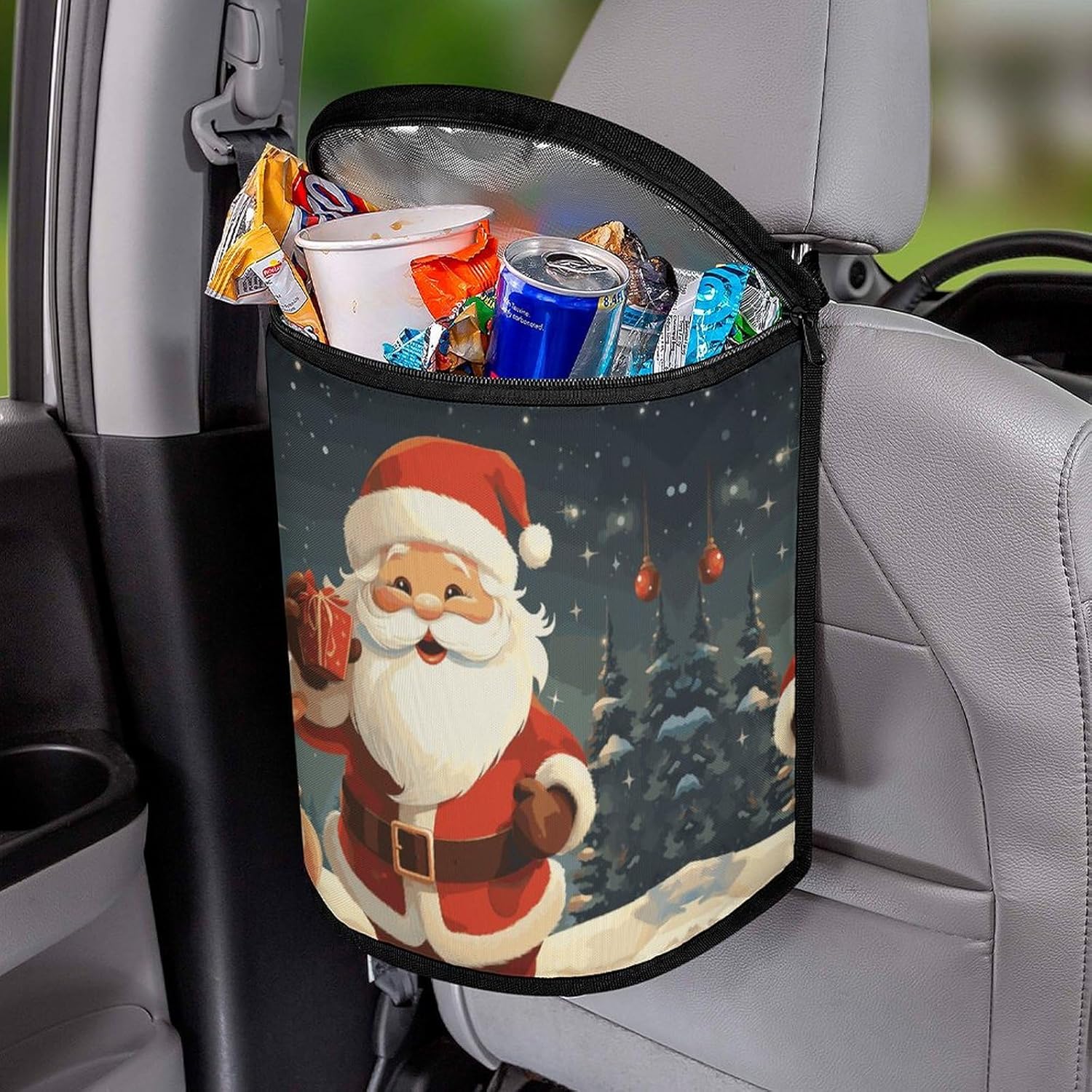 Hanging Car Trash Bag Christmas Santa Claus Printed Car Garbage Storage Bag Leakproof Car Trash Can Portable Garbage Storage Bags