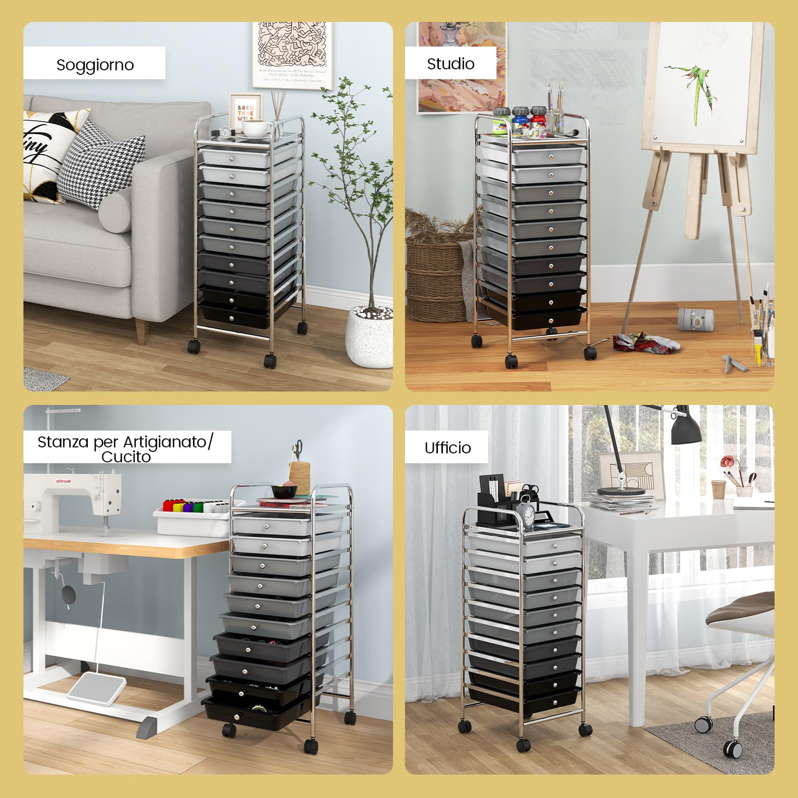GYMAX Carrello Portaoggetti con 10 Cassetti Staccabile, Carrellino Salvaspazio con Ruote, per Uffici, Parrucchieri, Studio, Soggiorno, 38 x 33 x 86 cm (NERO SFUMATO)
