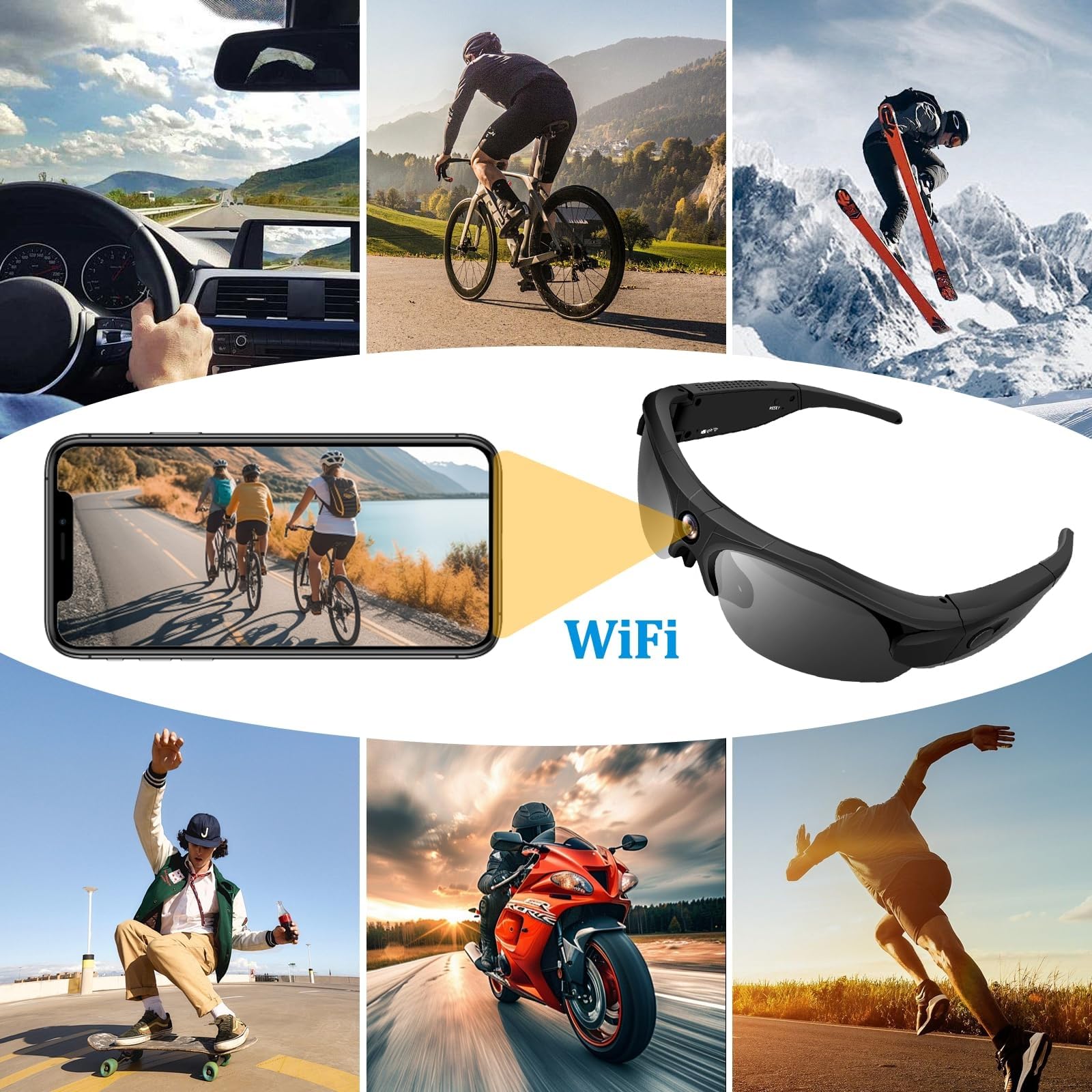 Lunette Camera 4K WiFi Grand Angle, Polarisé pour Sport & Aventure | 100min batterie, 256GB SD, enregistrement en boucle, lentilles polarisées UV, étui inclus