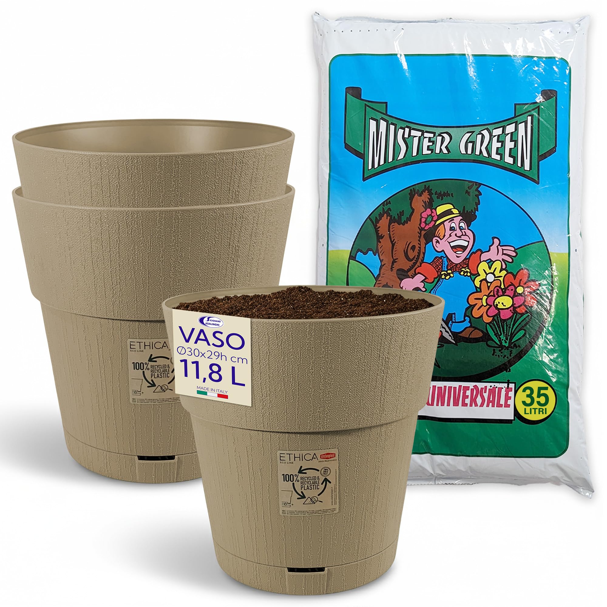 Sicignano Vaso da Giardino in Plastica Riciclata, Modello Ethica Set Completo con Terriccio, Perfetto per Interni ed Esterni, Made in Italy (Tortora, Ø 30 cm, 3 Vasi)