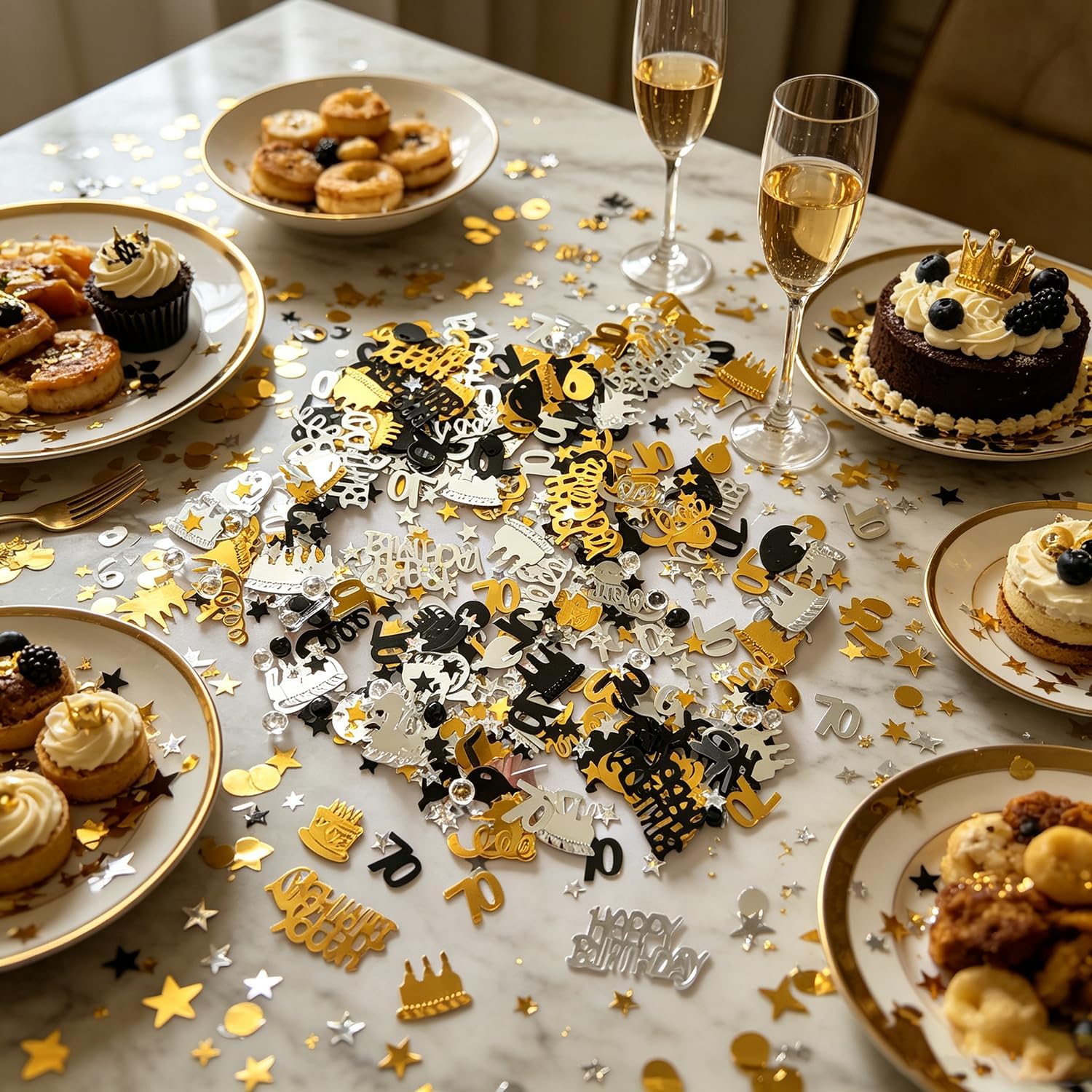 70th Birthday Confetti, 15g Gold Black and Silver Happy Birthday Decorations Confetti Metallic Foil Table Scatter Decorations for Seventy Birthday Party Decor for Men Women (70)