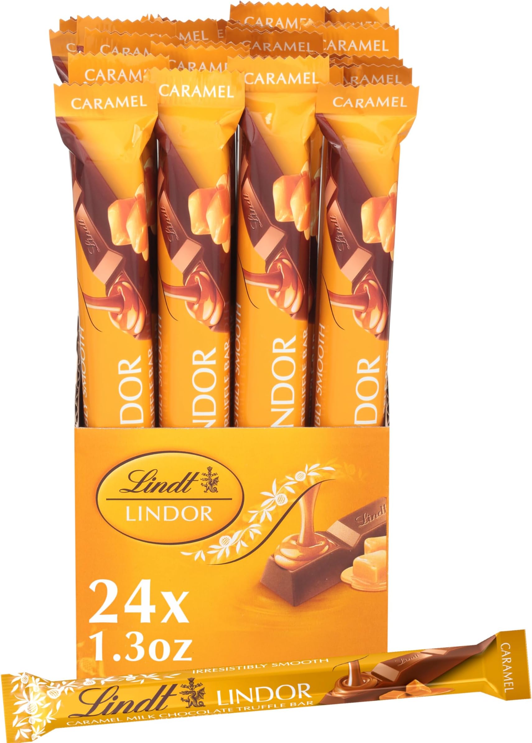 LINDOR Caramel Milk Chocolate Truffle Bar, Milk Chocolate Candy with Smooth, Melting Truffle Center, 1.3 oz. (24 Pack)
