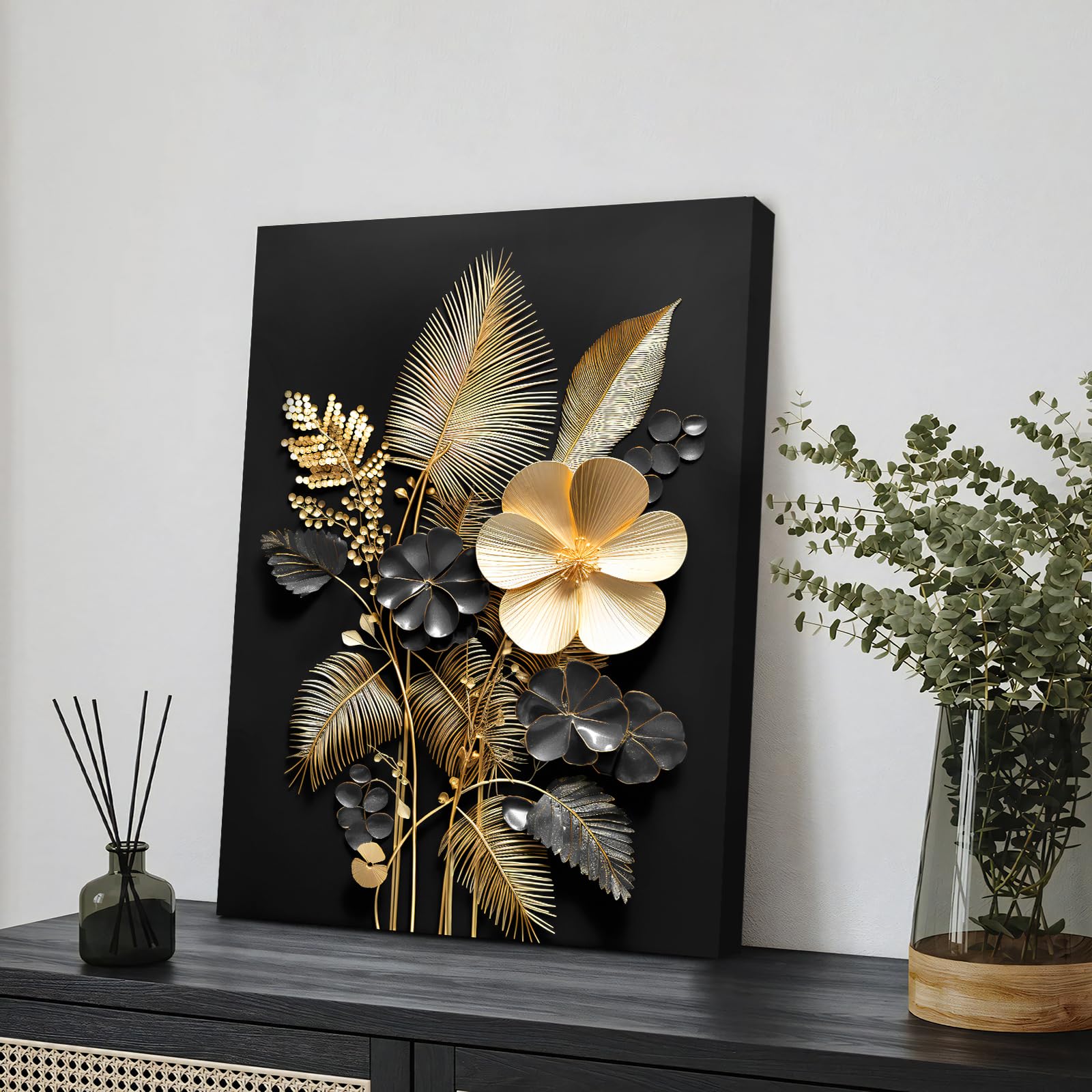 Wooden Framed Canvas Wall Art 3D Black Gold Flowers Painting on Canvas Prints Poster Tropical Coconut Leaves Bouquets Pictures for Living Room Bedroom Home Office Hallway Corridor Wall Decor 30x40cm - Image 3