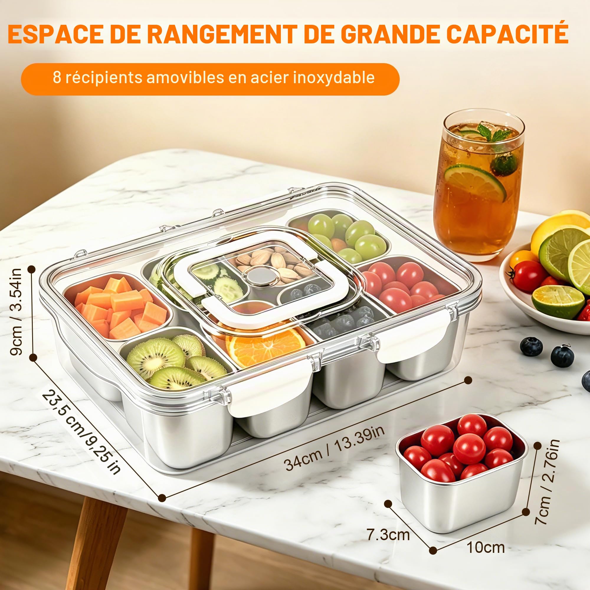 Boîte à Goûter à 8 Compartiments avec Poignées et Couvercles Indépendants | Aurinovellia Boîte à Goûter Réutilisables, Lavables au Lave-Vaisselle, Adaptées aux Pique-Niques, Fêtes, Collations, Fruit