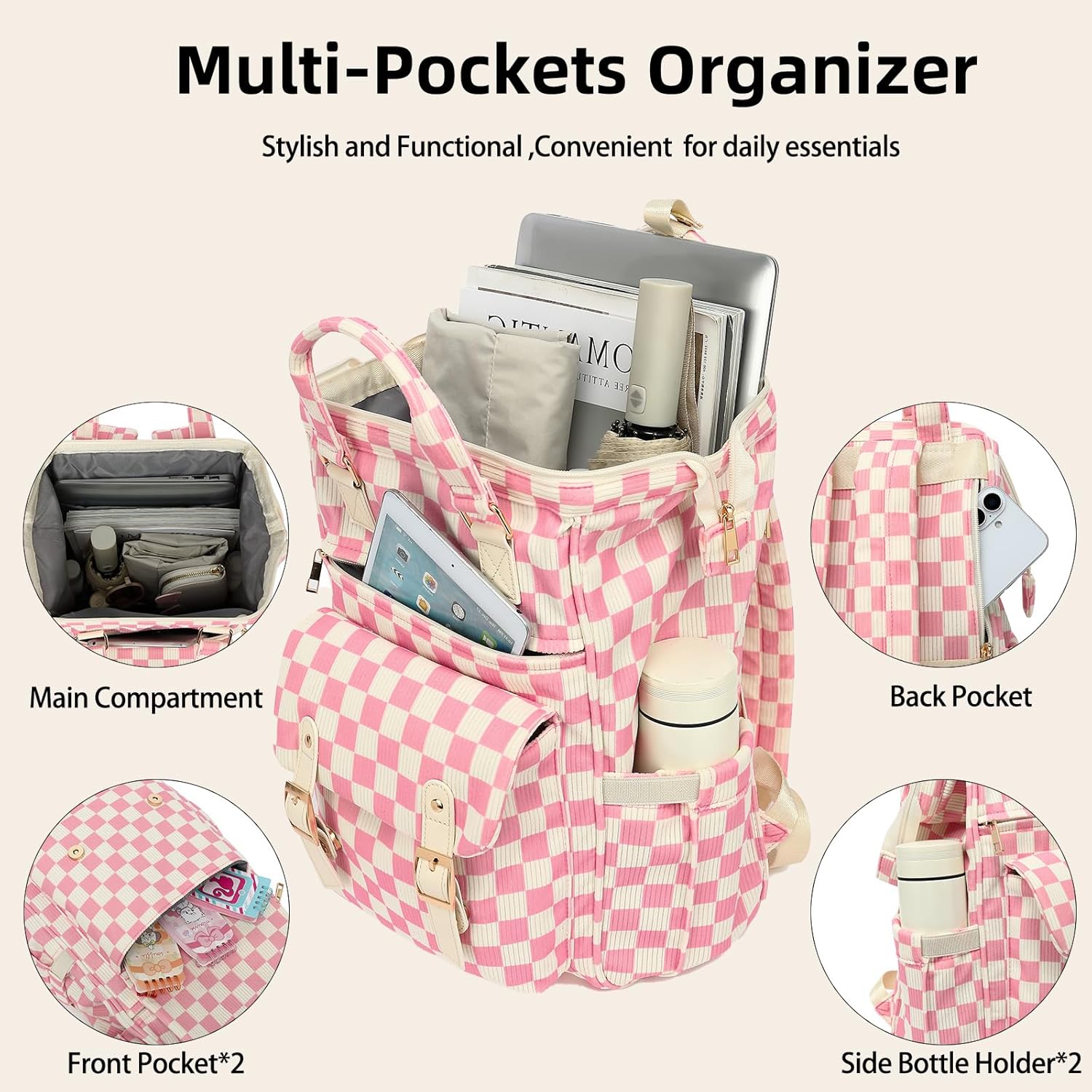 Corduroy Laptop Backpack for Women 15.6 Inch Stylish College School Bookbag, Business Work & Travel Computer Backpacks (Checkered Pink) - Image 3