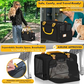 PAWZIDEA Expandable Rolling Cat Carrier with Wheels, Soft-Sided Pet Carrier | Foldable Soft-Sided Dog Carrier Airline Approved for Small Dogs Rolling Travel Bag for 2 Cats, Shoulder Strap, Up to 8.1 kg