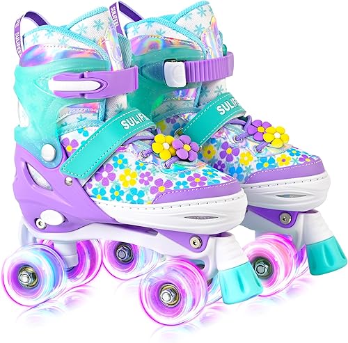Miniatura 52 de SULIFEEL - Patines infantiles con luz ajustable y diseño de unicornio y arcoíris, tamaño 4 para niños y niñas b púrpura