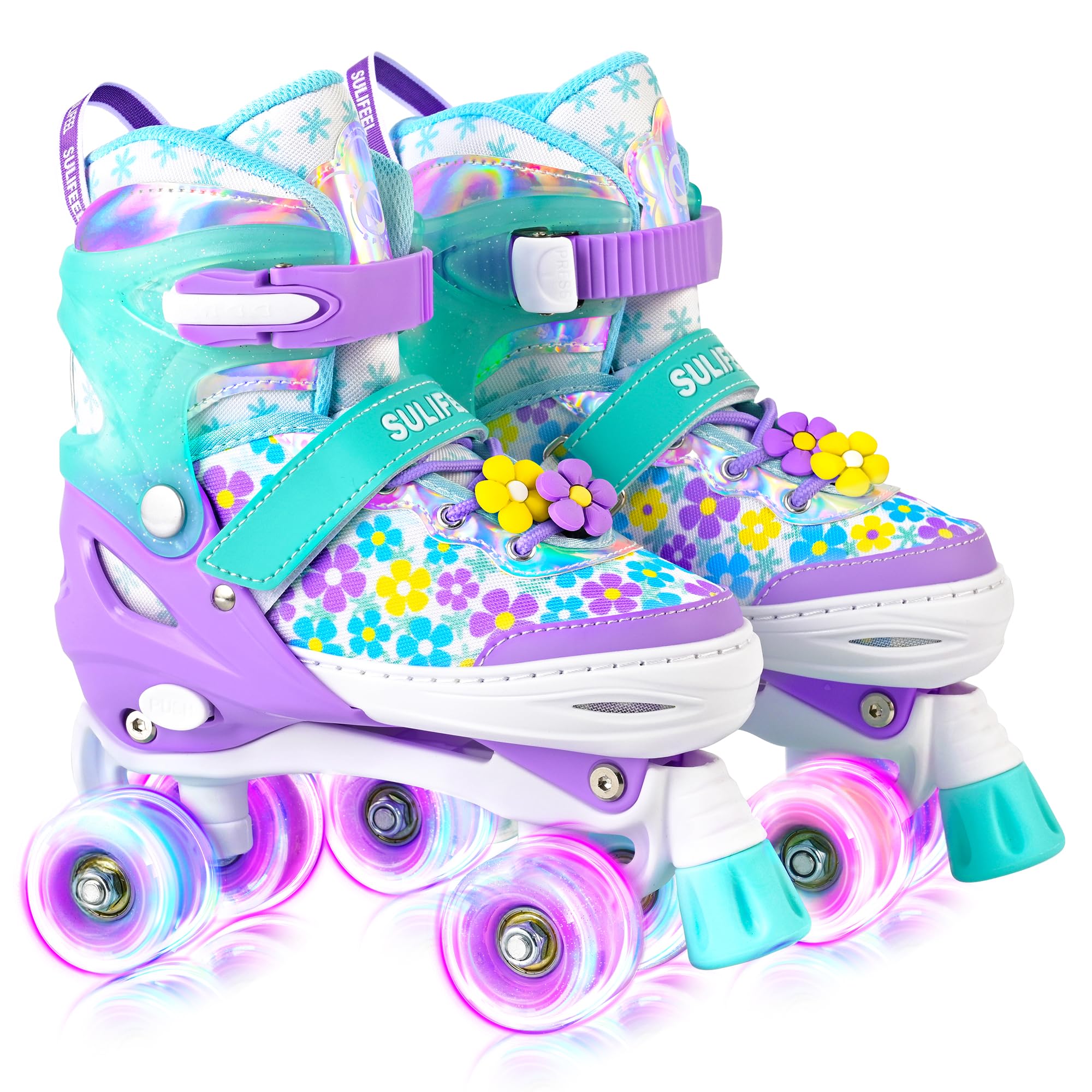 SULIFEEL Rainbow Unicorn 4 Size Adjustable Light up Roller Skates for Girls Boys for Kids