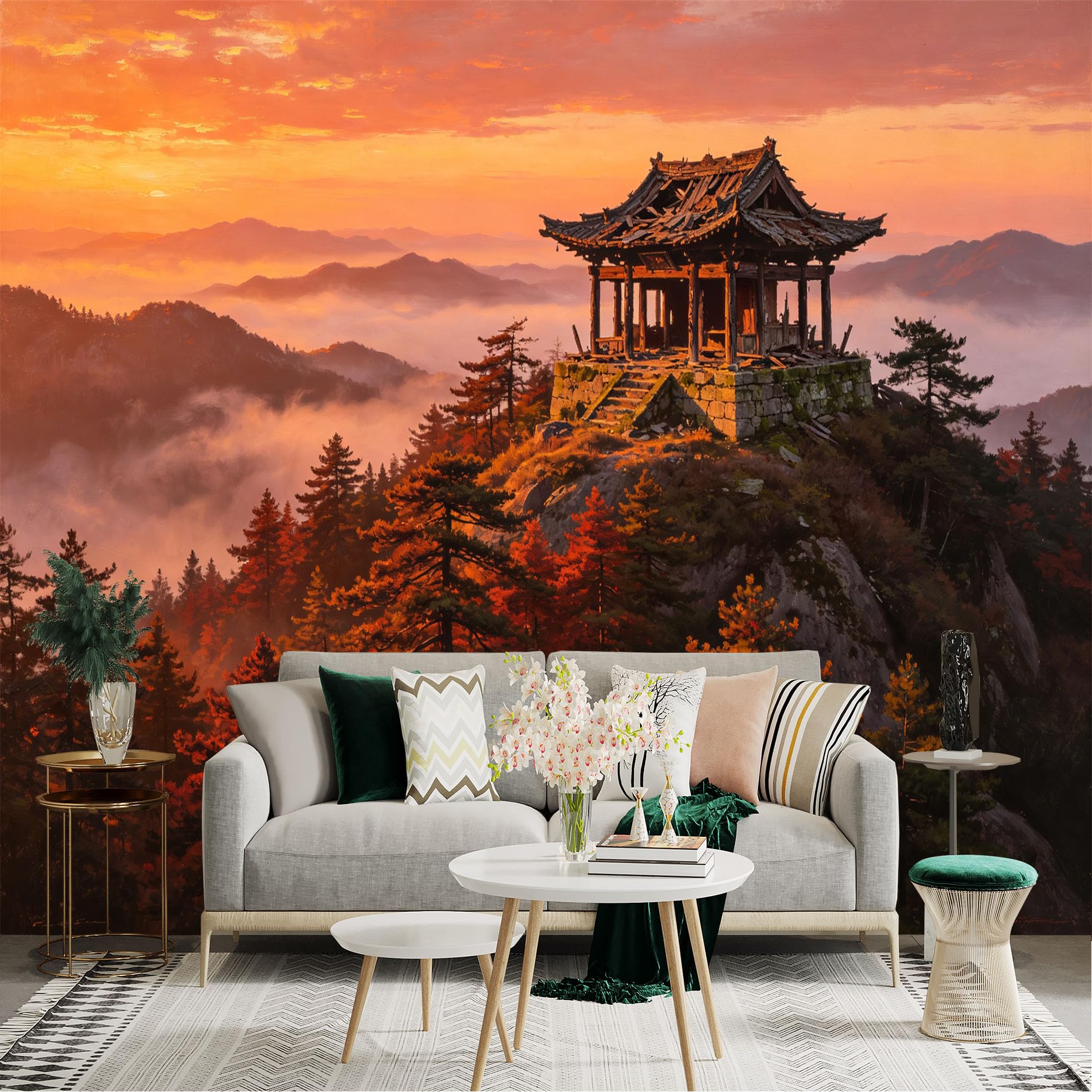 Custom Size Wall Sticker Mural， Mountain Temple at Sunset with Autumn Forest and Misty Hills， for wall Decoration， peelandstick wall Decals.