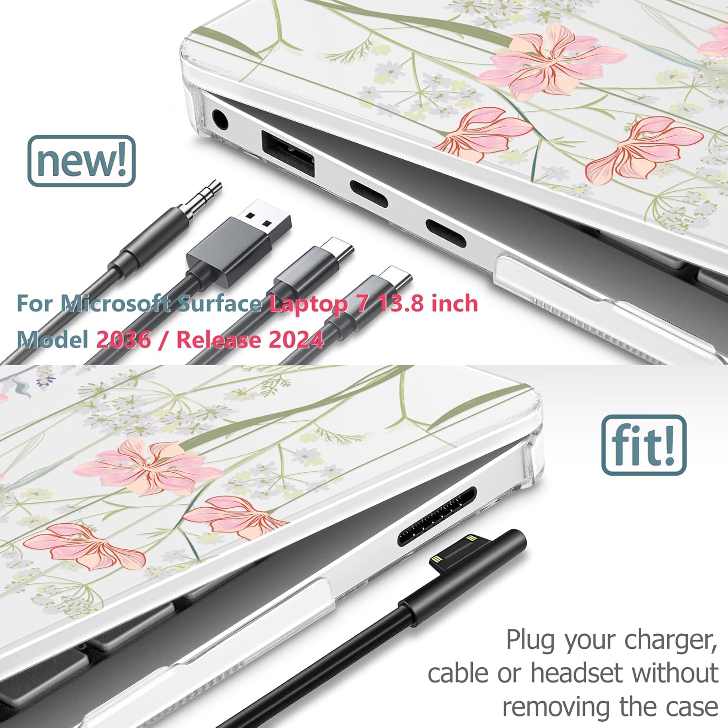 Case for 13.8" Microsoft Surface Laptop 7 13.8 Windows 11 PC 2024 (Model 2036), Hard Shell Cover with Keyboard Cover + Screen Protector + Dust Plug, Floral C322 - Image 3