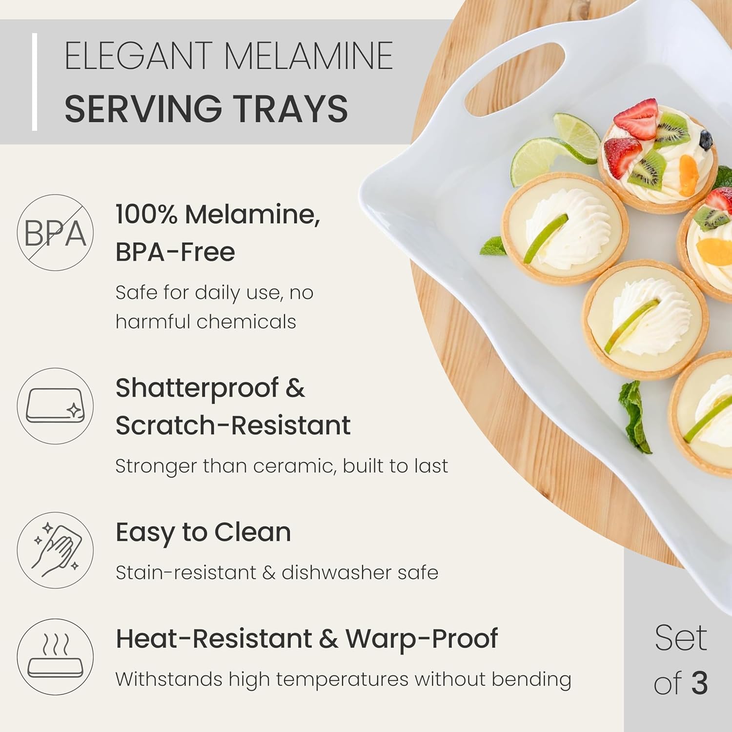 Large Melamine Tray, 17" x 11.5" - White Serving Tray with Handles - Dishwasher Safe - Rectangular Melamine Platter for Meat, Appetizers, Cookies, Grill or Party Snacks - Set of 3