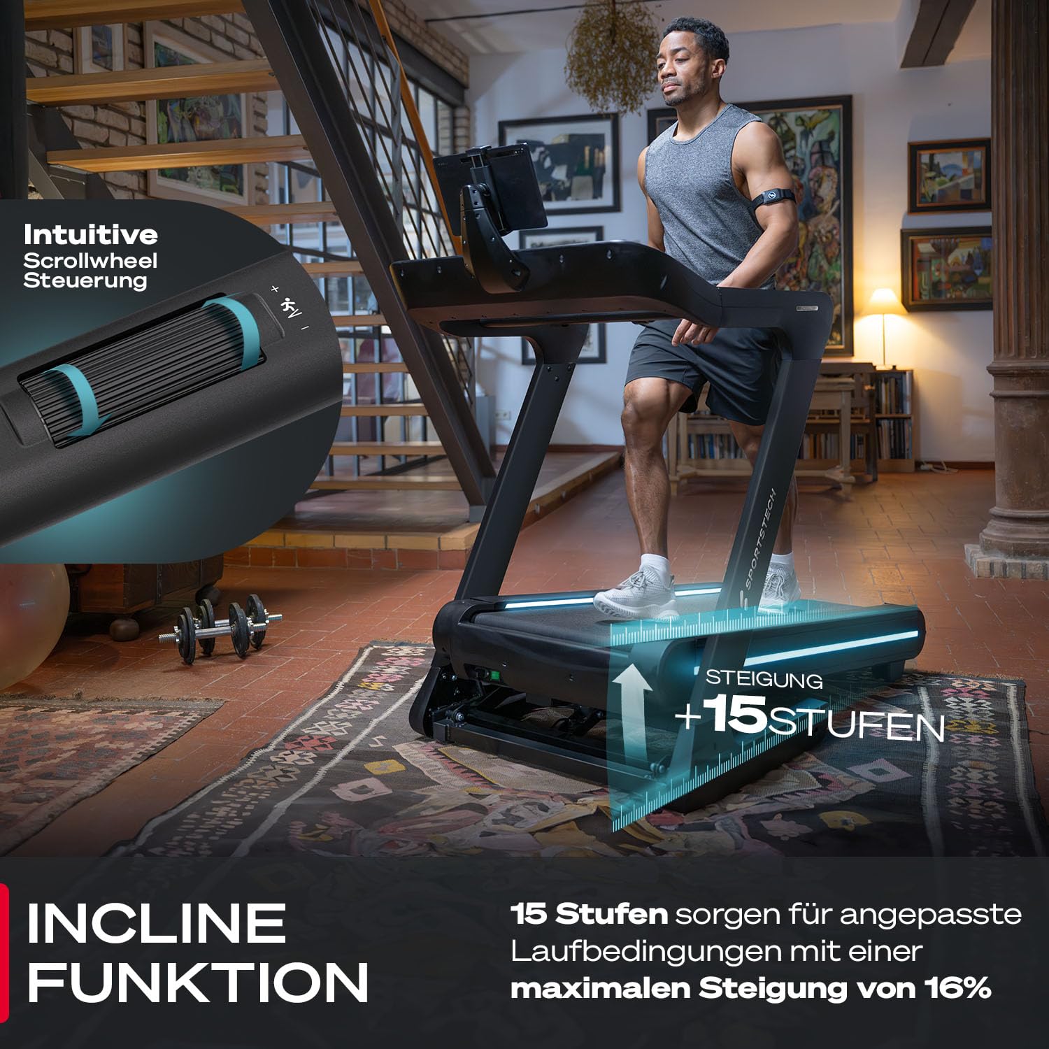 Sportstech sTread Lite Laufband für Zuhause klappbar bis 150 kg & 20 km/h – Treadmill mit 16% Steigung, 7 PS Motor, extra große Lauffläche, LED-Display, App-kompatibel, sPulse Pulsgurt inkl.