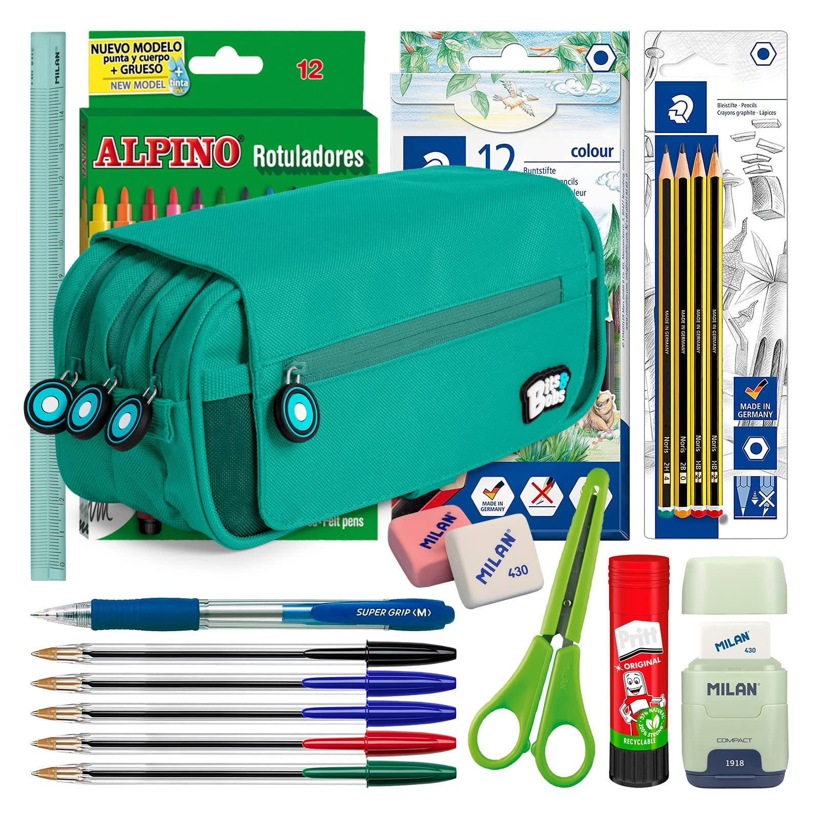ColePack BitsBobs - Lote de Estuche Portatodo Triple con 3 Cremalleras y Material Escolar de Primeras Marcas Incluido (Turquesa)