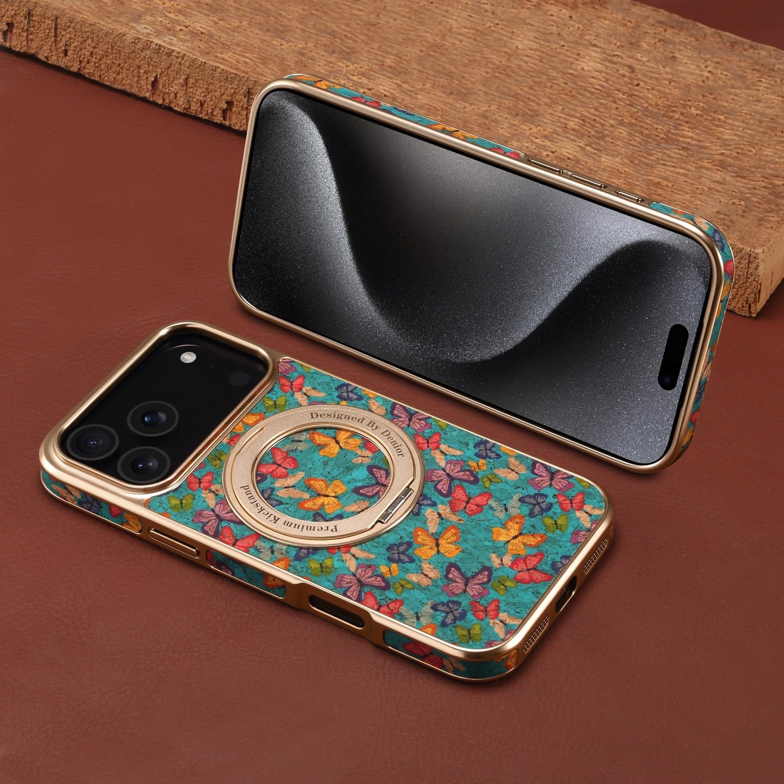 Generic Étui compatible avec Apple iPhone 14 Pro (couleur : rouge) étui rigide en cuir avec anneau en métal et fleur de luxe