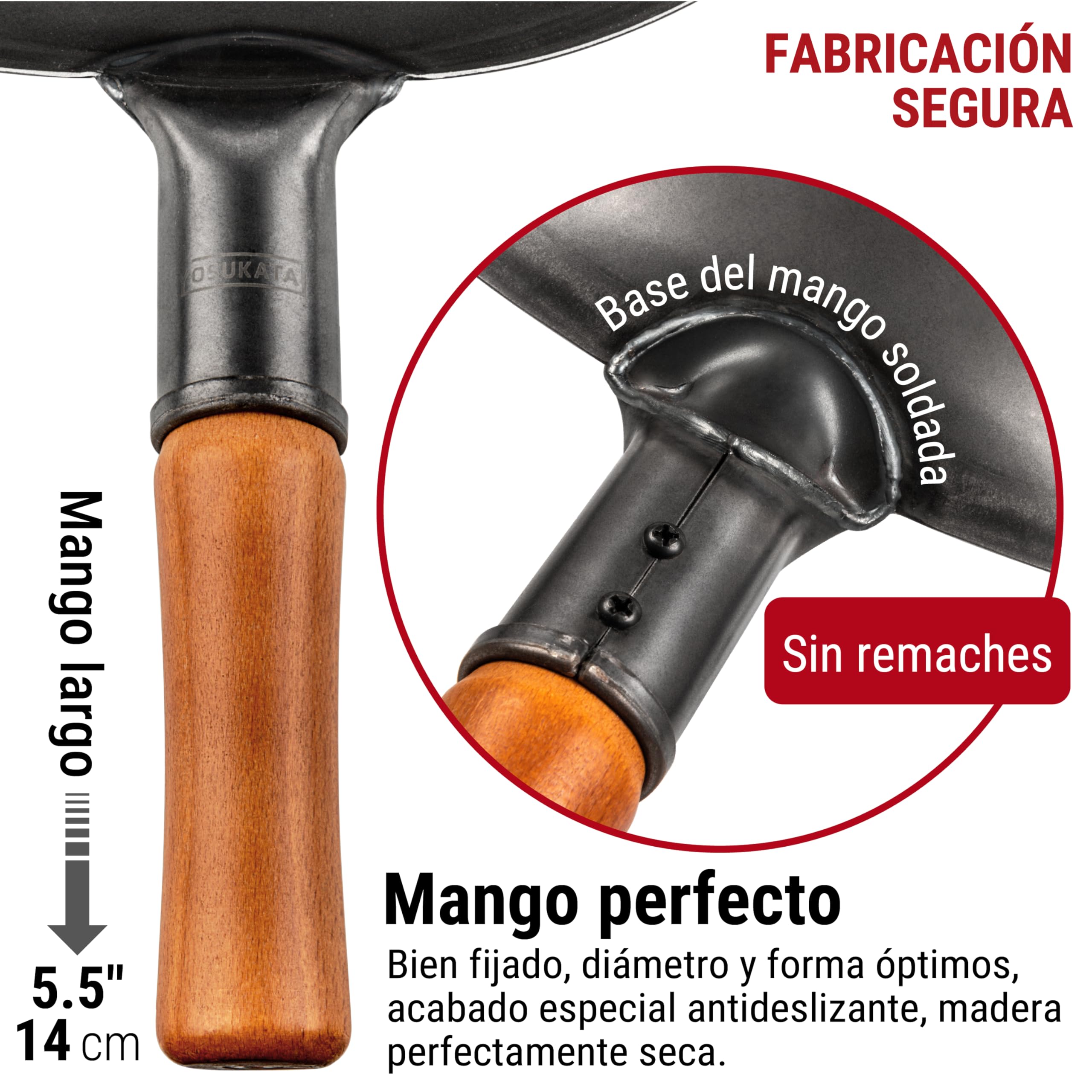 YOSUKATA Sartén Wok de Acero al Carbono 34 cm – Pre-sazonado de Fondo Plano – Wok de Inducción Tradicional – Sin Cobertura Química – Compatible con Cocinas de Gas Inducción Eléctricas y Fuego Abierto
