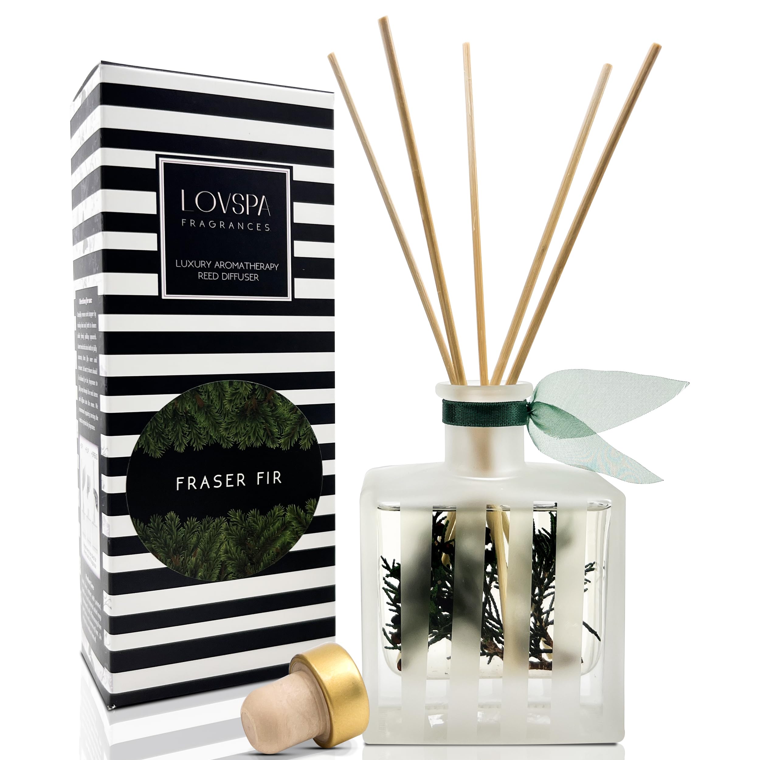 LOVSPAFRASER FIR Reed Diffuser Oil Gift Set | Pine, Evergreen and Pine with Fresh Woody Notes of Cedar and Sandalwood | Forest Inspired Scent in a Modern Striped Glass Bottle | Made in The USA