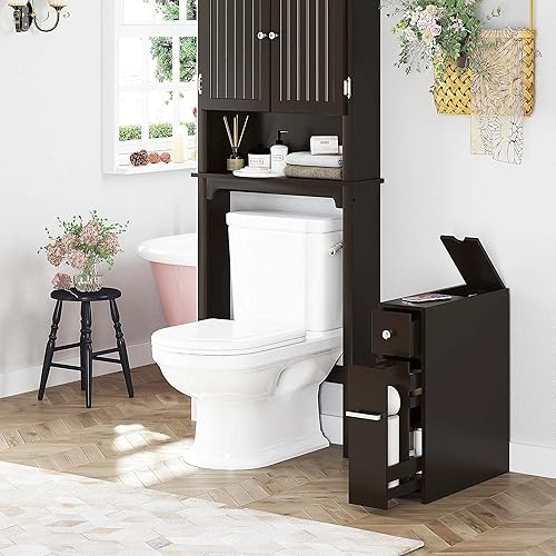 Miniatura 5 de Spirich Gabinete de almacenamiento de baño delgado para el hogar, soporte de papel higiénico independiente, cajón deslizante para gabinete de baño,