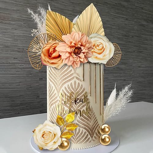 Miniatura 6 de DRWATE Decoración para tartas, 11 piezas de flores bohemias con hojas doradas, decoraciones para tartas para bodas, baby shower, suministros de