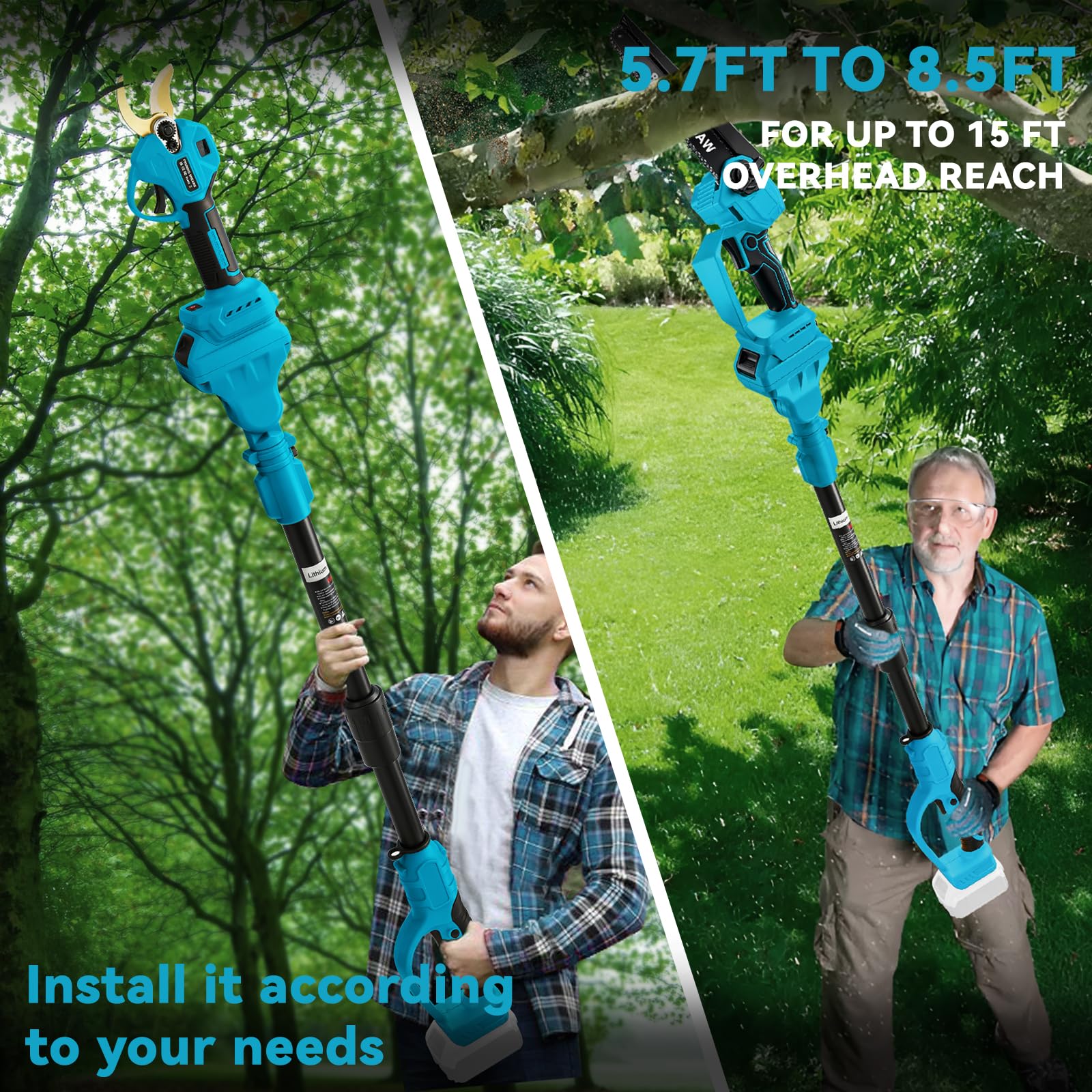 4IN1 Akku Astschere Kettensäge, 45mm Elektro Gartenschere & 8 Zoll Kettensäge Mit 2m Teleskopstiel, kompatibel mit Makita 18V Akkus (ohne Akku), bürstenloser Motor, Arbeitshöhe bis 4,5ft-8ft