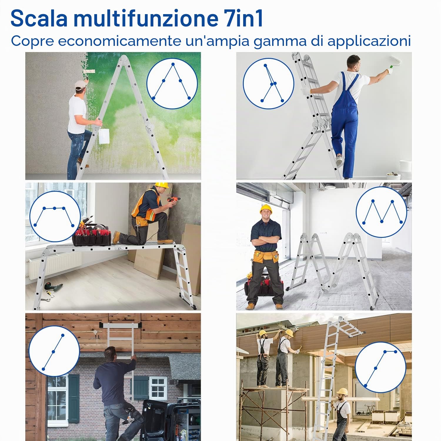 Scala multiuso in alluminio, 4 x 5, 582 cm, 7 in 1, pieghevole, per uso domestico