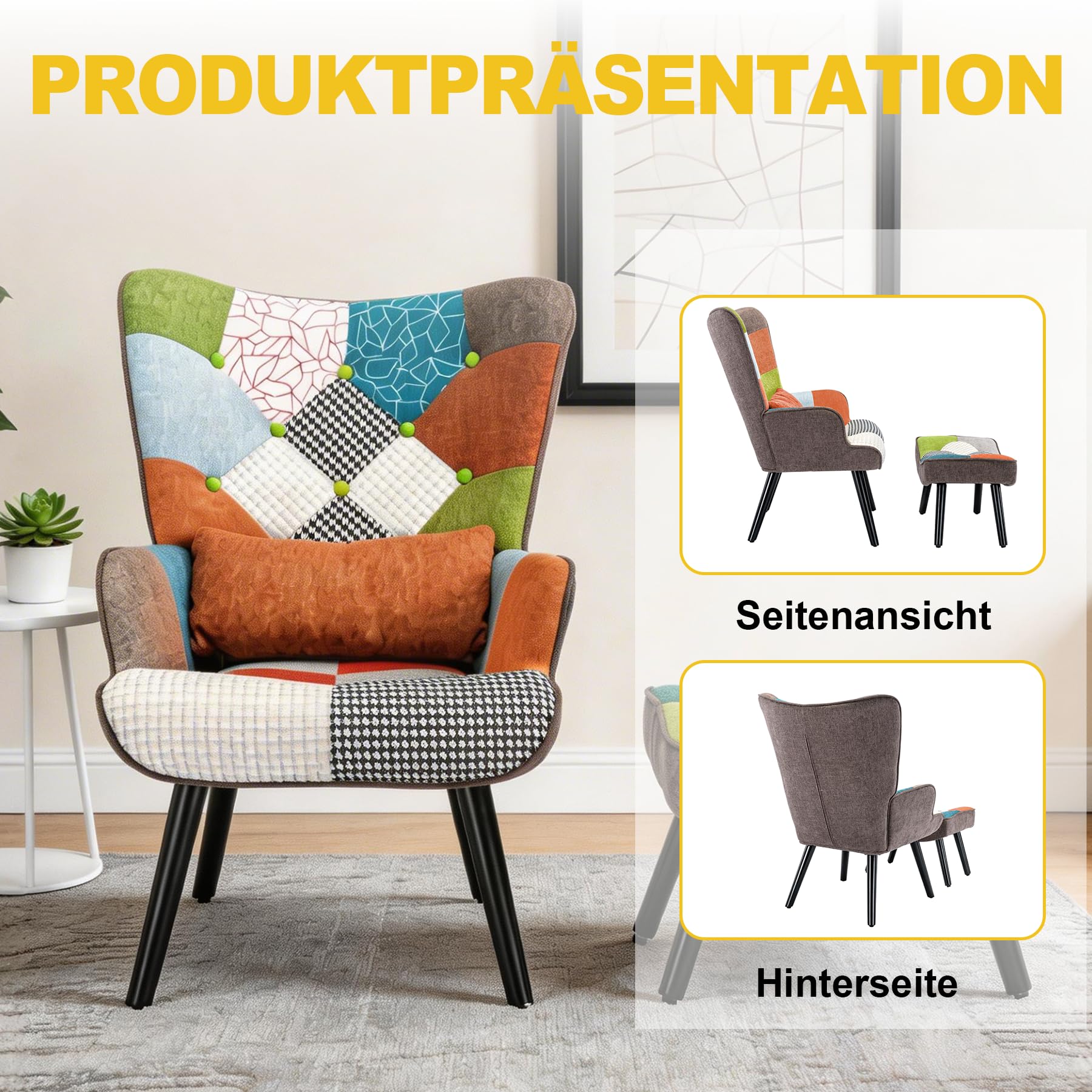 Relaxsessel mit Hocker&Lendenkissen, Patchwork Ohrensessel Orange, Leinen Loungesessel Massivholzfüße, Moderner Sessel für Wohnzimmer Schlafzimmer, Frühjahrsangebot Frühjahrsdekoration