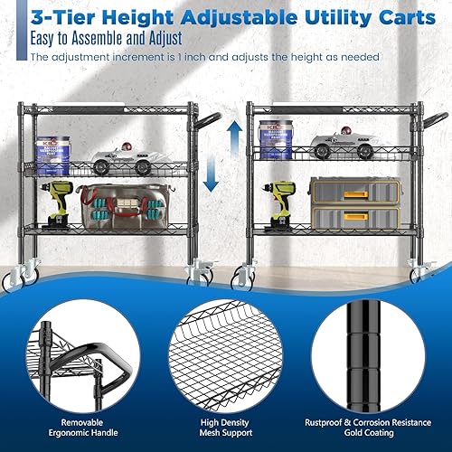 Miniatura 3 de Leteuke 3 Tier Rolling Carts with Wheels, Heavy Duty Rolling Utility Cart,NSF Commercial Grade Metal Cart with Handle&Shelf Liner,Trolley Serving