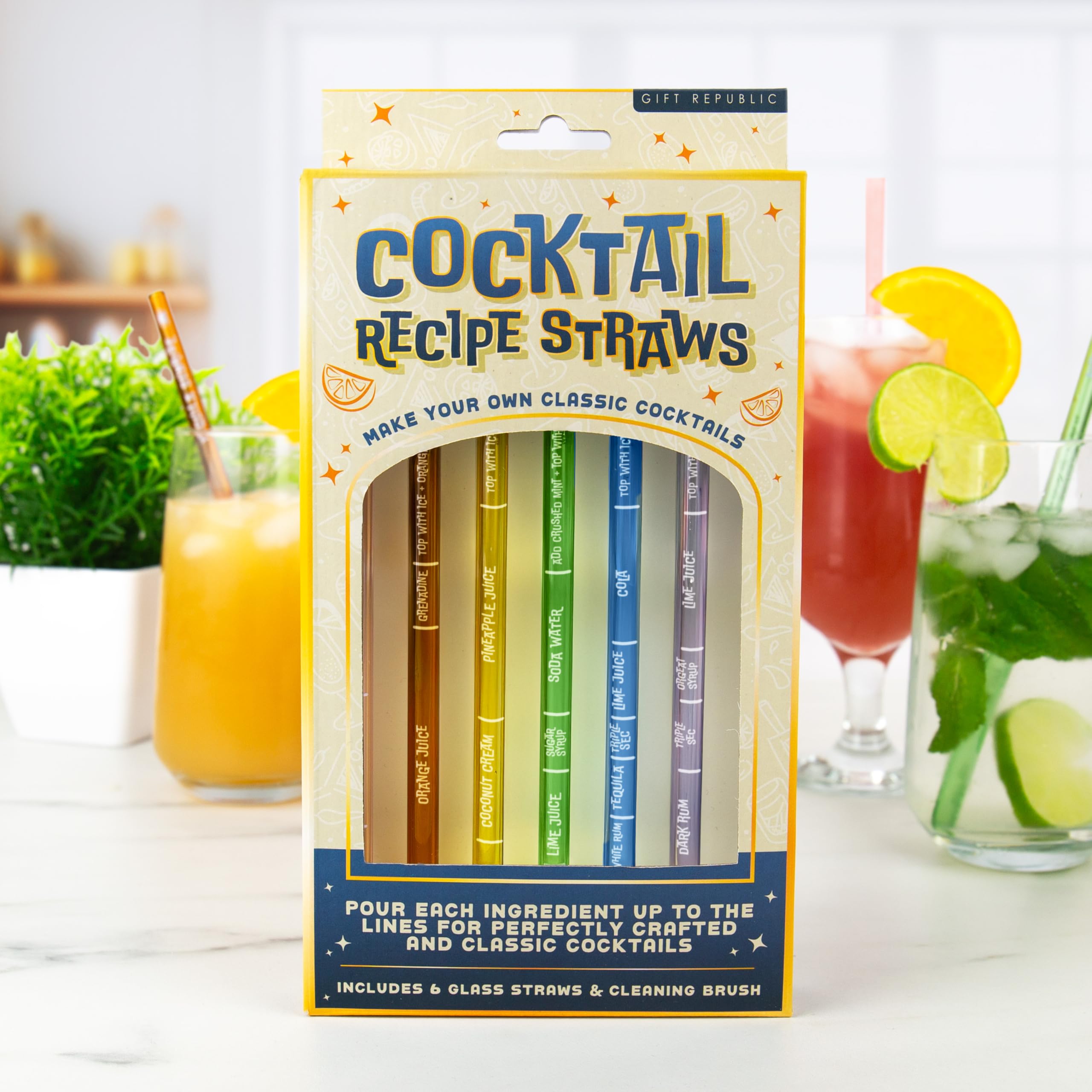 Gift Republic Cocktail Recipe Straws – Pack of 6 Reusable Glass Straws with Classic Cocktail Measurements – Includes Cleaning Brush – Fun Mixology Gift for Parties & Home Bars