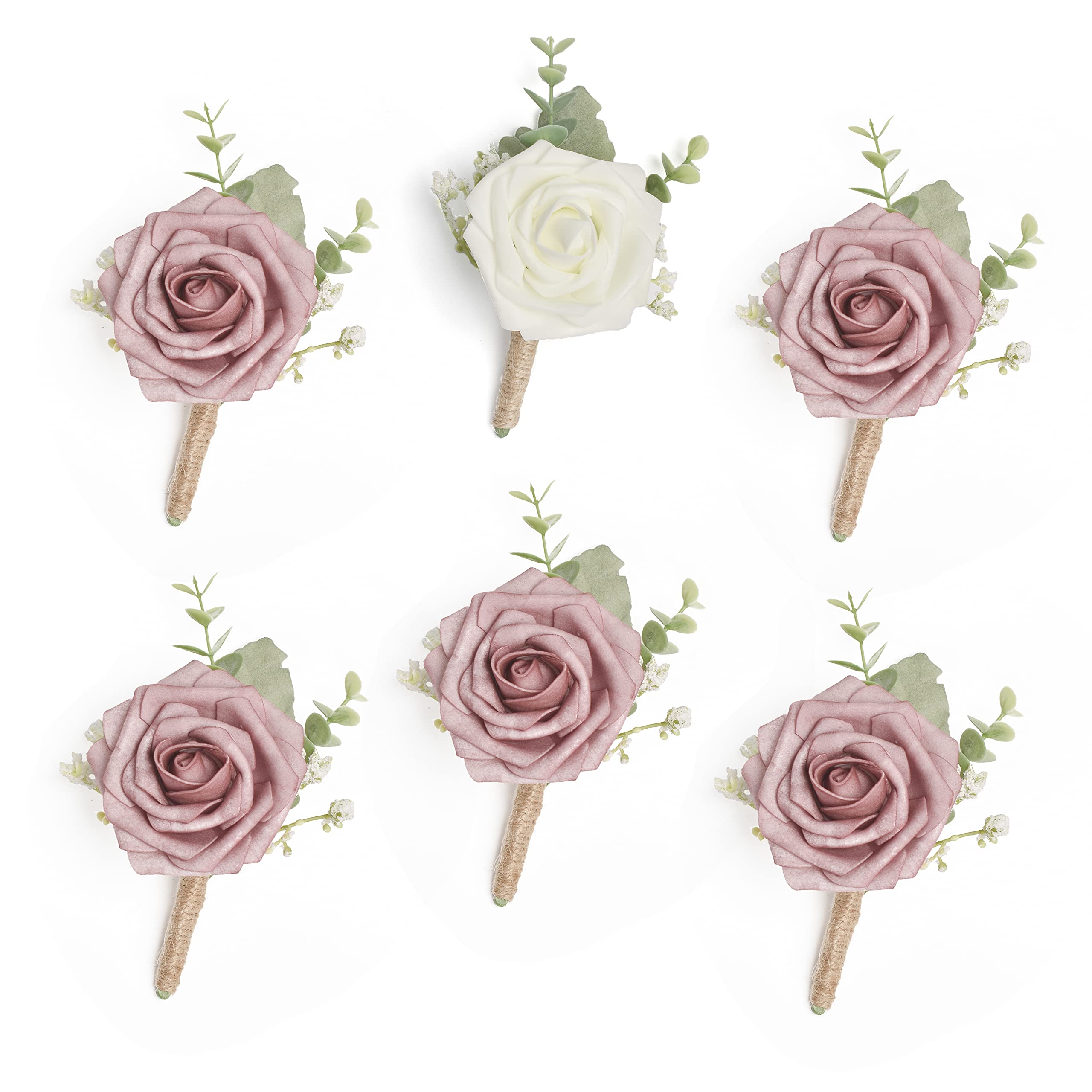 ANNKIN Dusty Rose Boutonniere with Eucalyptus for Men, Set of 6, Wedding Flower Boutonnieres with Pins for Groom and Best Man Wedding Ceremony Anniversary, Homecoming Prom Party