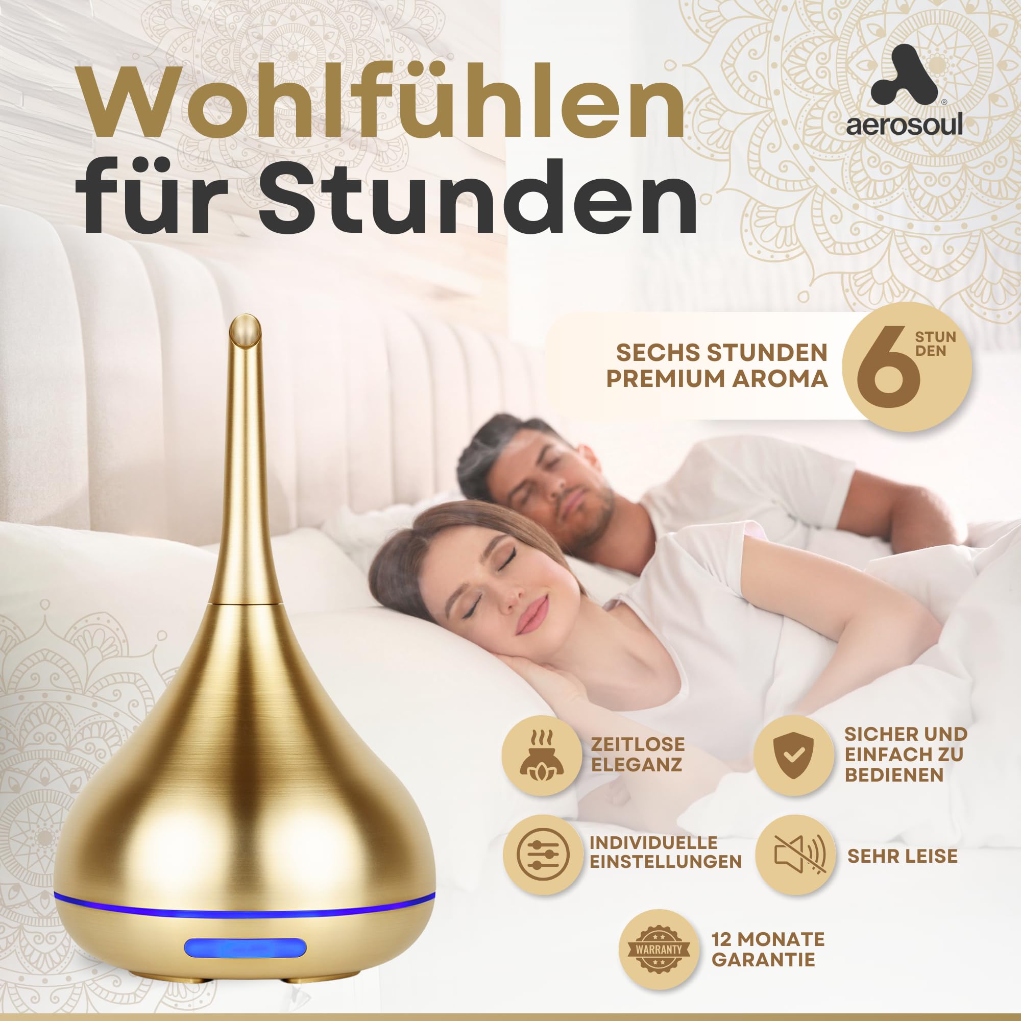 Aerosoul® Drop Aroma Diffuser 100ml Duftöl Diffuser 6h Nebel 7 LED, Gold