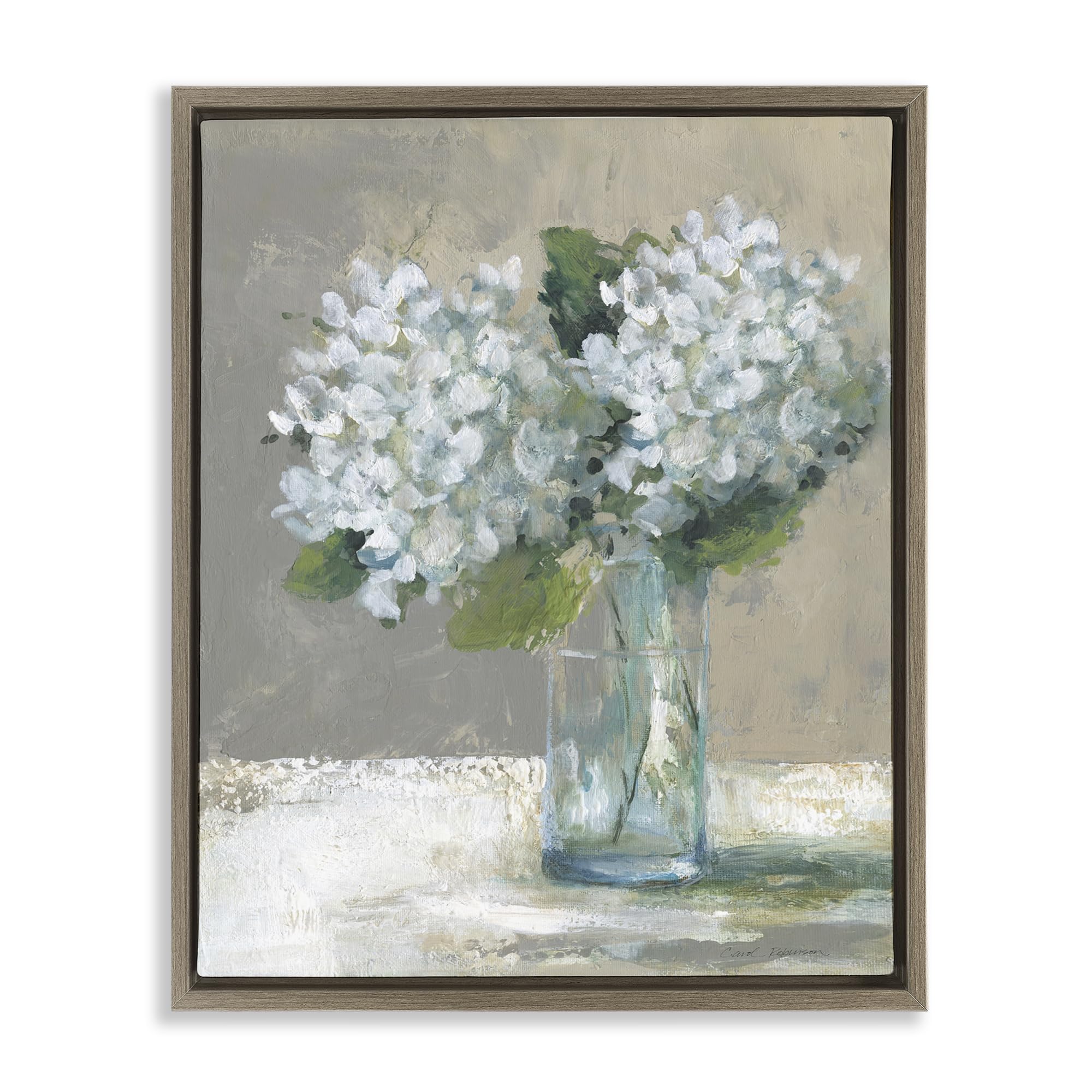 Stupell Industries Montalcino Elm (Textured) 'White Hydrangeas Glass Vase'| Floating Frame Canvas Art