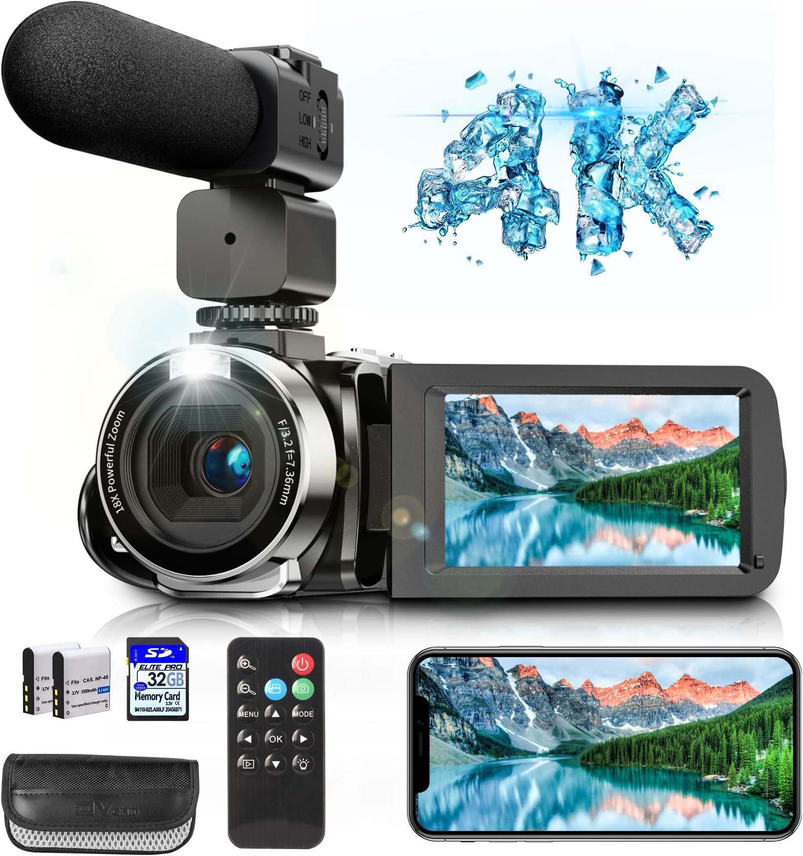 4K Video Camera Camcorder with IR Night Vision, WiFi Digital Camera, 18X Digital Zoom, Vlogging Camera for YouTube, Kids Video Camera, Built in Microphone, Remote, 2X Batteries