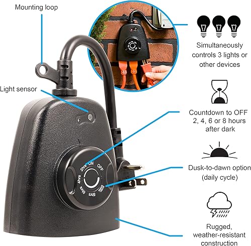 Miniatura 11 de GE 15138. Temporizador mecánico resistente, para exterior, de 2 tomas, para enchufar, programable a 24 Horas.