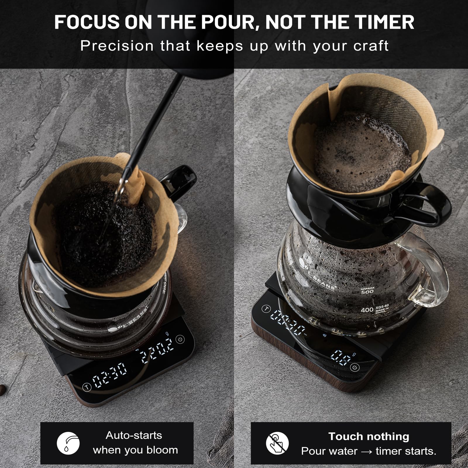 KitchenTour CaféMetric - Báscula de café con temporizador de 0,1 g/2000 g, escala pequeña de precisión para espresso y vertido, mini báscula con pantalla LED (madera, recargable)