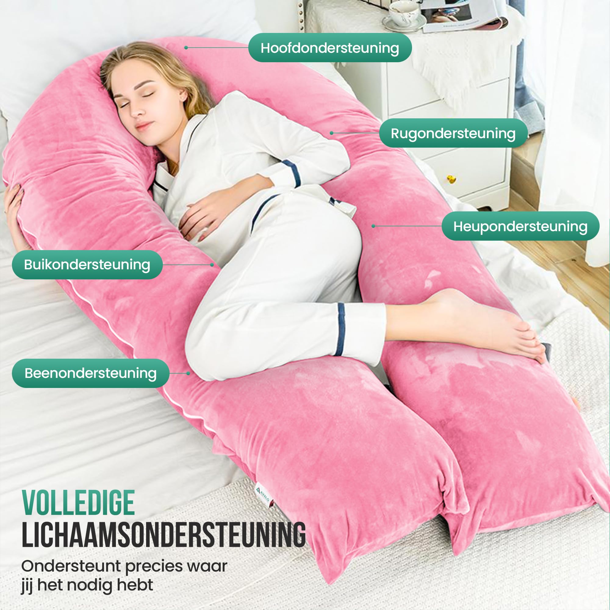 Avalo Cojín de Maternidad XXL 280 cm - Cojín Lateral en Forma de U - Cojín Ergonómico para el Cuerpo - Cojín de Nutrición y Almohada para el Cuerpo para Mujeres Embarazadas - Rosa