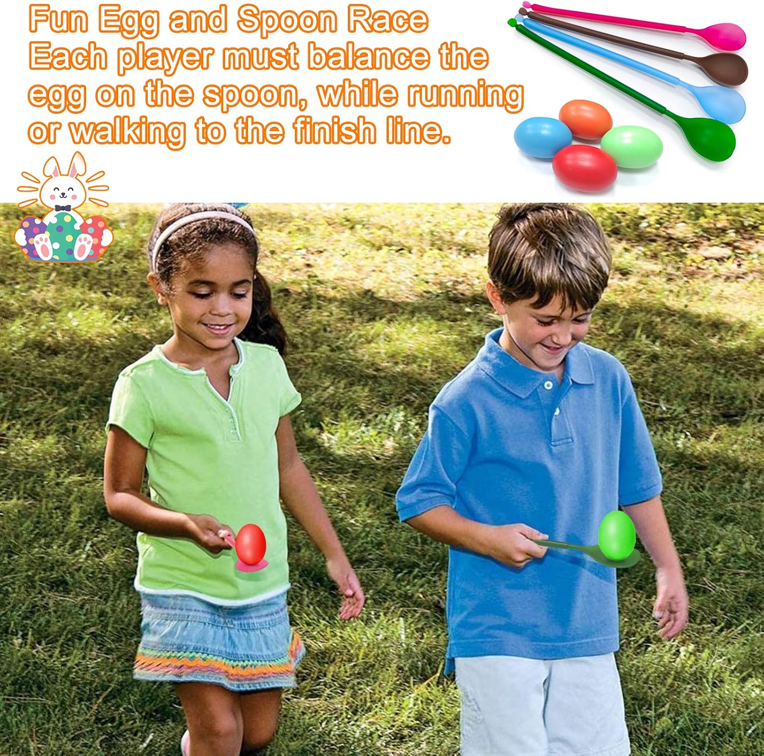 [2 Gold Medals] 21 Pcs Easter Outdoor Party Games for Family, 4 Bunny Potato Sack Race Bags, 4 Egg and Spoon Race Game,2 Legged Relay Race Bands,1 Bunny Ear Ring Toss Game Carnival School Easter Hunt
