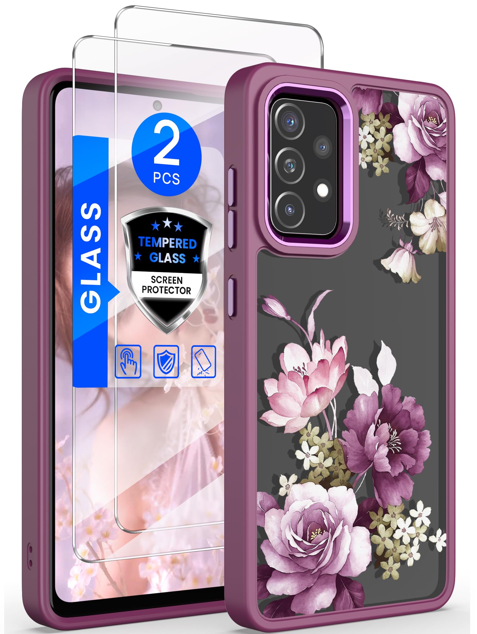 Dretal for Samsung Galaxy A52 5G Case, Galaxy A52 Case, Military Grade Drop Tested Hard Back & Soft Edge Slim Flower Women Girls Protective Cover + Tempered Glass Screen Protector (Purple)
