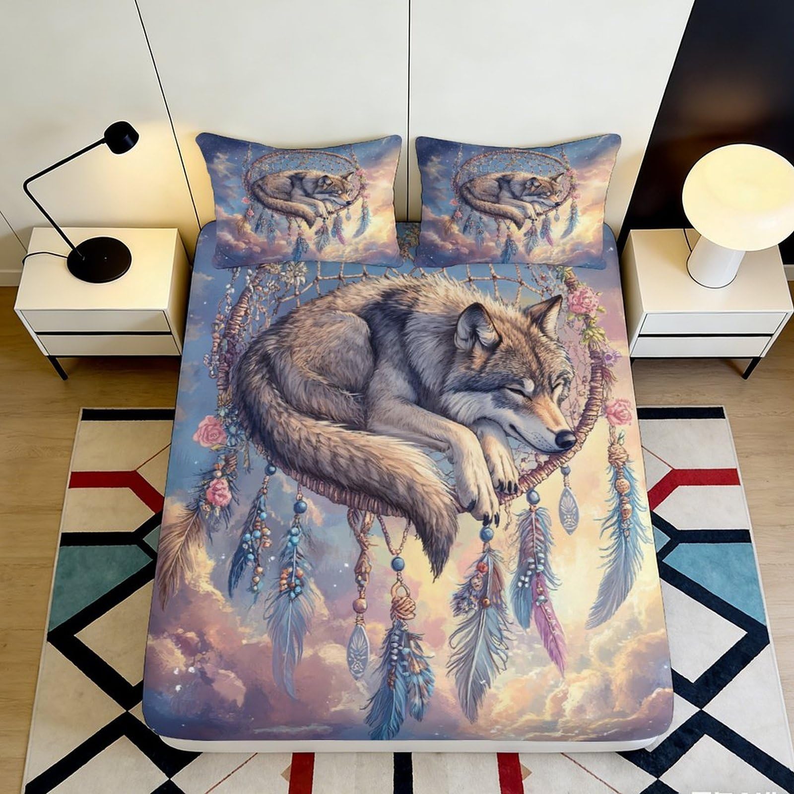 3D Printed Dreamcatcher Wolf Fitted Sheet Microfiber Soft Anti-Slip Bed Sheet for Bedroom Dorm Mattress Decor 90x200x25cm