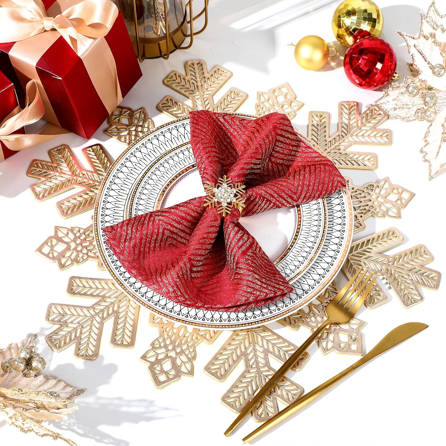 Meanplan Set of 16 Christmas 8 Snowflake Placemats 8 Snowflake Metal Napkin Ring Vinyl Metallic PVC 15 Inch Placemats Festival Holiday Party Wedding Table Decorations(Gold)