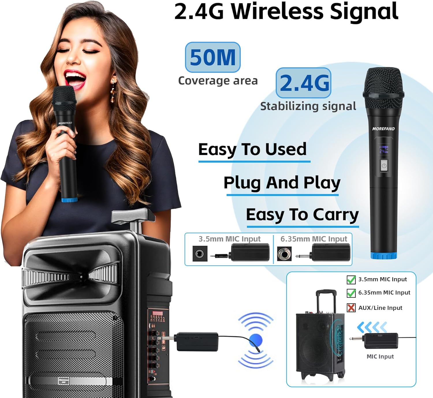 2.4GHz Wireless Microphone System - Professional Handheld Mic for Singing, Karaoke, Podcast with Cardioid Pickup, 50M Range, Plug & Play, Dual AA Battery, Hi-Res Audio