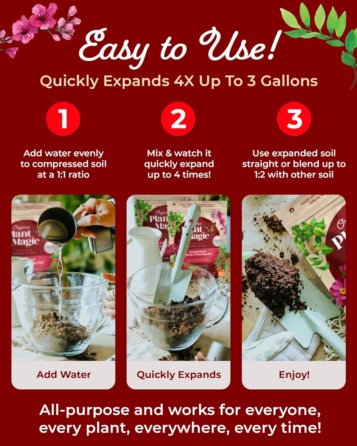 Compressed Organic Potting Soil for Garden, Plants & Vegetables - Expands 4x When Mixed with Water - Indoor or Outdoor Use - Plant Food Mix Derived from Natural Coconut Coir & Worm Castings Fertilizer One 2 lb Bag