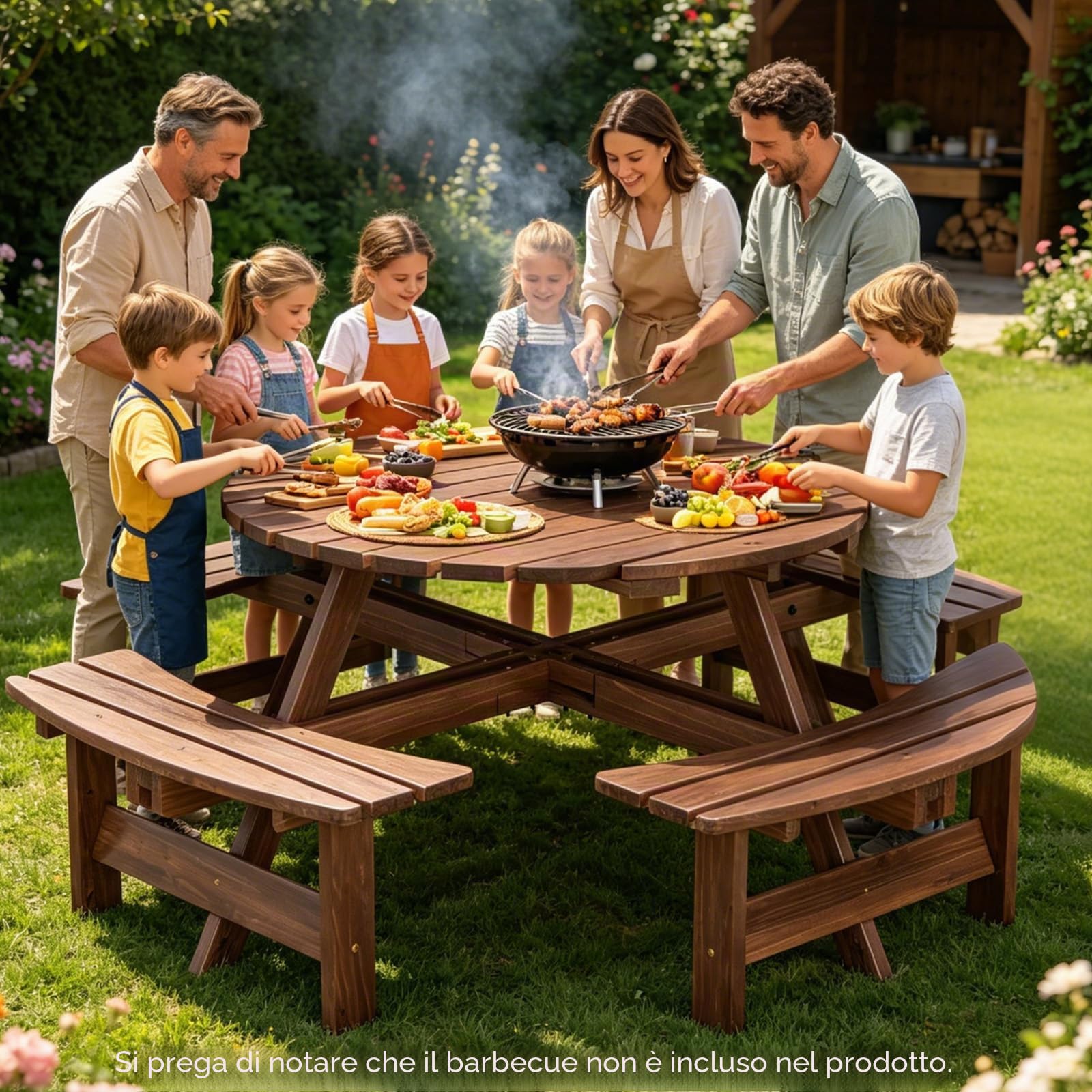 GIANTEX Set da Giardino in Legno di Abete 8 Persone Tavolo con Sedie Integrato Foro Ombrellone 178x70 cm