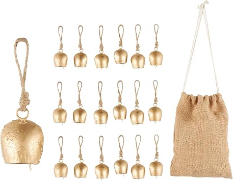 Deco 79 Metal Bell Indoor Outdoor Decorative Bells Tibetan Inspired Meditation Bell with Brown Jute Rope and Canvas Tote, Set of 36 Cow Bell 1" W, 2" H, Gold