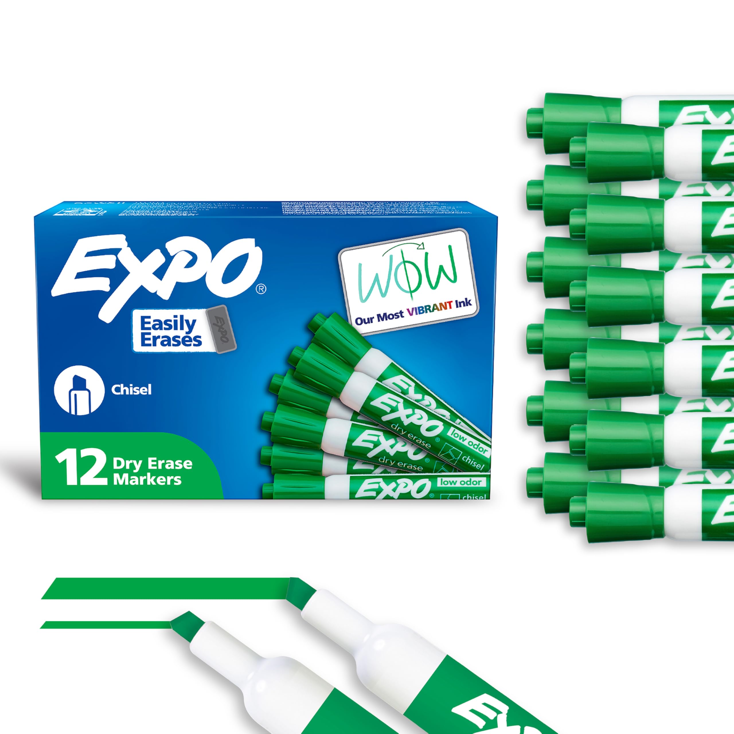 EXPO Dry Erase Markers Low Odor Ink Green Chisel Tip 12 Count - Whiteboard Calendar Organization Essential Supplies