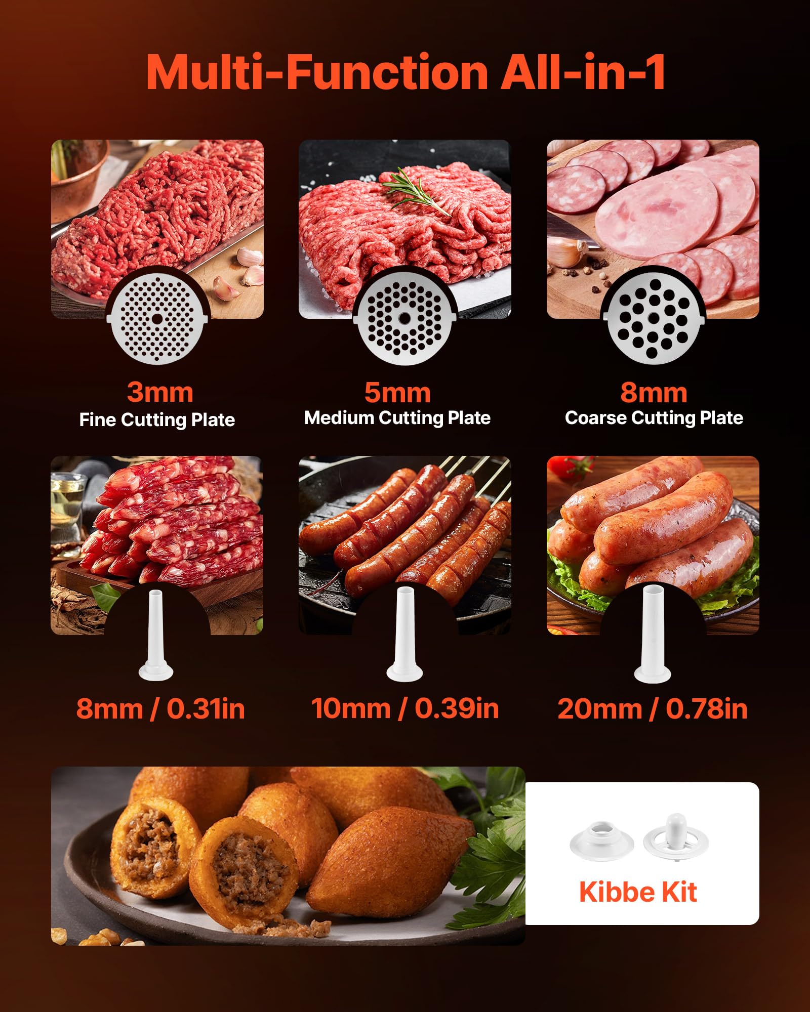 VEVOR Tritacarne Elettrica 700 W da Cucina in Acciaio Inox, Tritacarne Capacità 2,3 kg/min con 3 Dischi 3 Tubi per Salsicce Salami Carne con Piedini Antiscivolo, Cucina Commerciale Ristorante Hotel