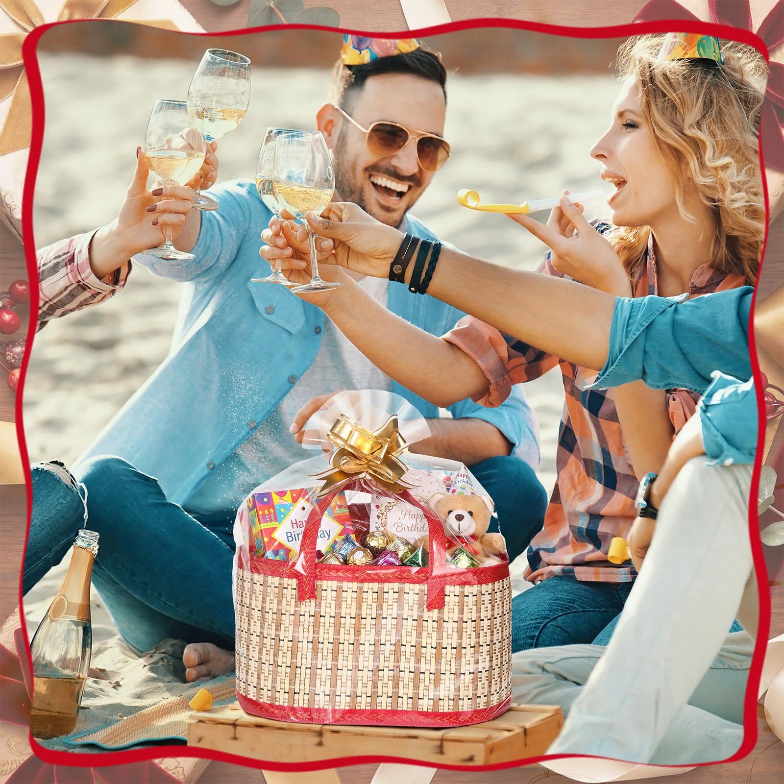 Reallnaive 1 set di cesti regalo vuoti in bambù intrecciato con sacchetti regalo trasparenti con nastro a fiori pieghevoli con manico per festa della mamma, battesimi, compleanni, feste, inaugurazione
