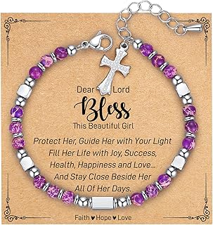 Tiny Gemstone Cross Bracelet for Women, Christian Gifts, Stocking Stuffers for Teens & Women - Easter, Birthday, Christmas Gift - Baptism/First Communion/Confirmation Gifts