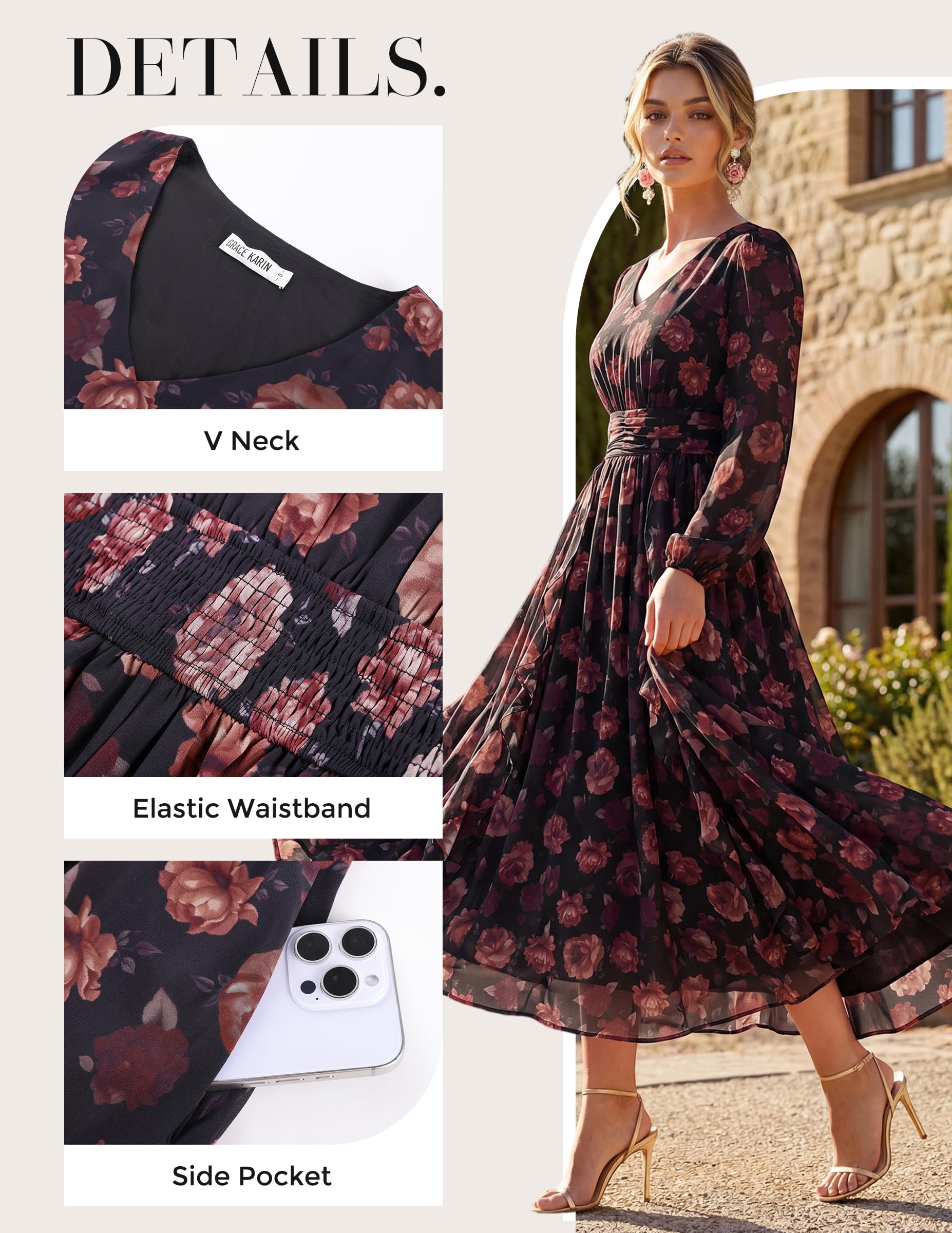 GRACE KARIN Damen V-Ausschnitt Laterne Ärmel Rüschensaum Blumendruck Tailliert Midi Kleid mit Taschen