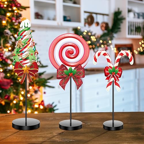 Miniatura 5 de 3 piezas de decoración de mesa de dulces de Navidad rojo y verde, centros de mesa de Navidad, letreros de madera de Navidad, decoración de mesa para