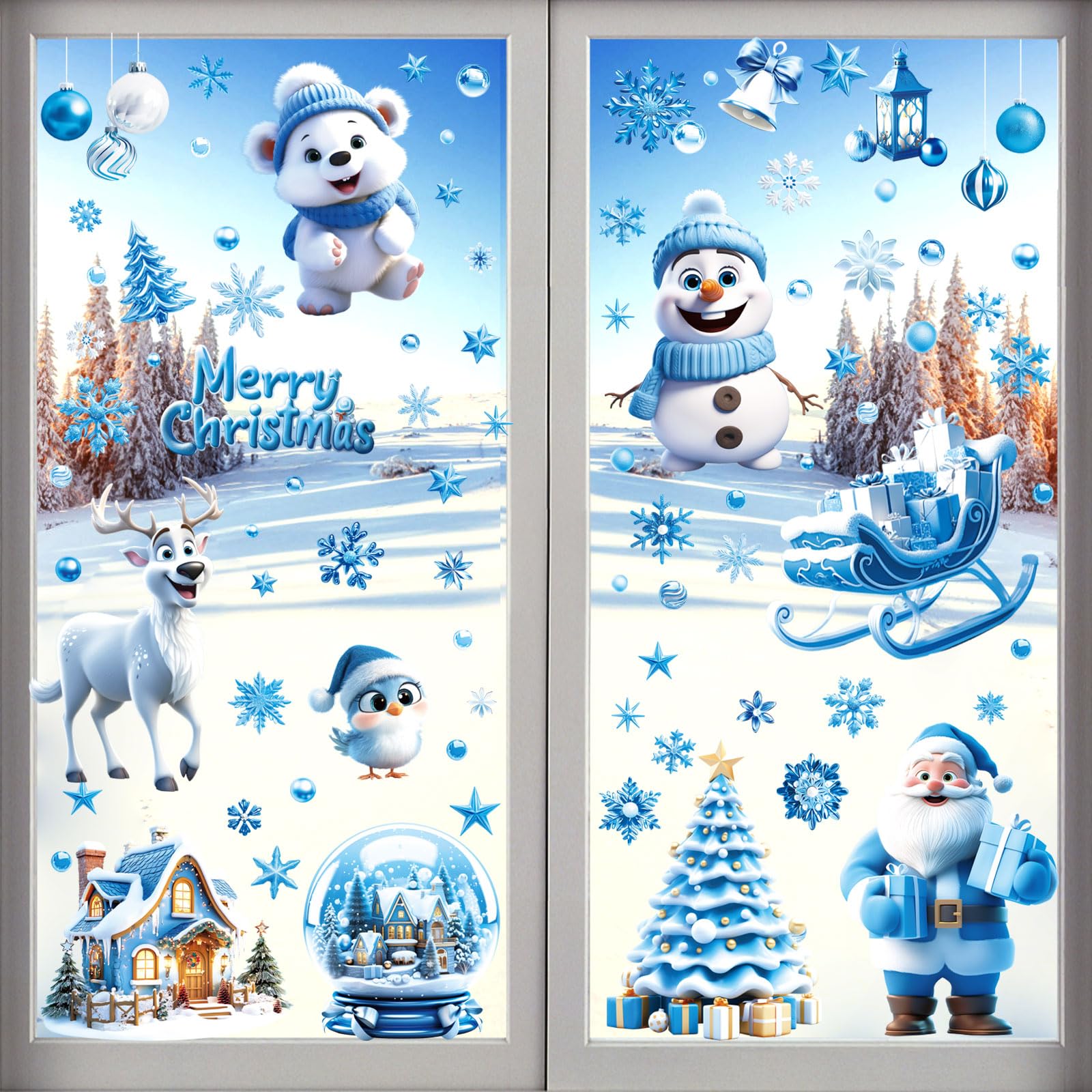 AhfuLife 108Pcs Christmas Window Clings, 9 Sheets Christmas Window Stickers Santa Claus Reindeer Snowman for Xmas Decorations, Double Sided Reusable Xmas Decals for Home Party Decor